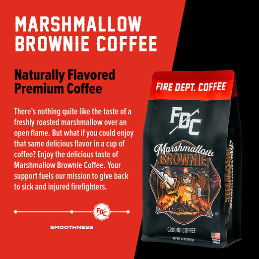 A bag of Marshmallow Brownie Coffee with bold words that read ”Naturally Flavored Premium Coffee”. A paragraph under reads, ”There’s nothing quite like the taste of a freshly roasted marshmallow over an open flame. But what if you could enjoy the same delicious flavor in a cup of coffee? Enjoy the delicious taste of Marshmallow Brownie Coffee. Your support fuels our mission to give back to sick and injured firefighters.”
