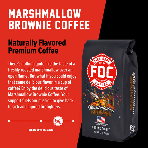 A bag of Marshmallow Brownie Coffee with bold words that read ”Naturally Flavored Premium Coffee”. A paragraph under reads, ”There’s nothing quite like the taste of a freshly roasted marshmallow over an open flame. But what if you could enjoy the same delicious flavor in a cup of coffee? Enjoy the delicious taste of Marshmallow Brownie Coffee. Your support fuels our mission to give back to sick and injured firefighters.”
