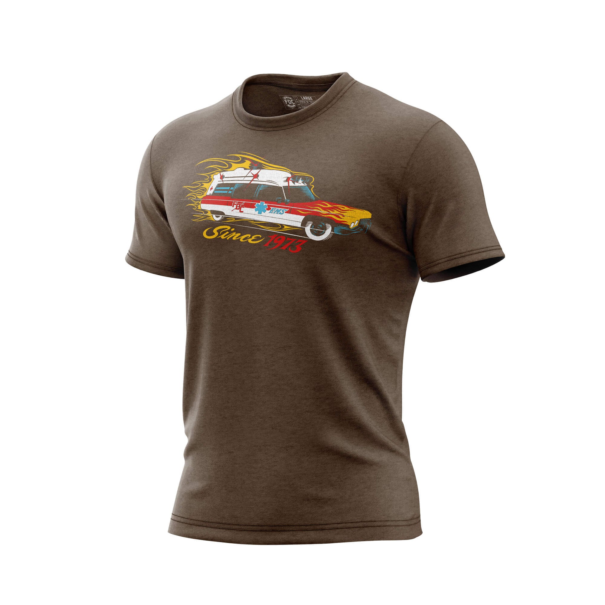 A brown t shirt with a "meat wagon" vehicle on the chest surrounded by flames. Under the vehicle it says "since 1973".
