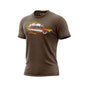 A brown t shirt with a ”meat wagon” vehicle on the chest surrounded by flames. Under the vehicle it says ”since 1973”.