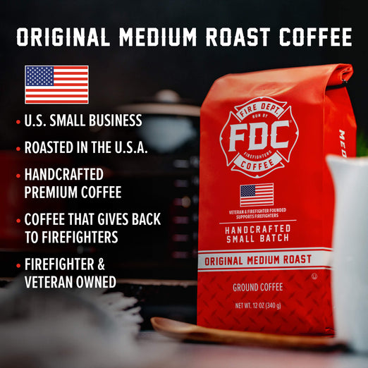 A bag of Original Medium Roast Coffee with bullet points that read, ”U.S small business, roasted in the U.S.A, handcrafted premium coffee, coffee that gives back to firefighters, firefighter and veteran owned”.