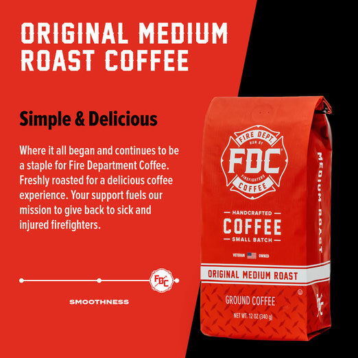 A bag of original Medium Roast Coffee with bold text that reads, ”Simple and Delicious”. A paragraph under reads, ”Where it all began and continues to be a stable for Fire Department Coffee. Freshly roasted for a delicious coffee experience. Your support fuels our mission to give back to sick and injured firefighters.”