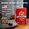 A box of Medium Roast Pods with bullet points that read, "U.S small business, roasted in the U.S.A, simple, convenient, and delicious, compatible with 2.0 brewing systems, coffee that gives back to firefighters, firefighter and veteran owned".