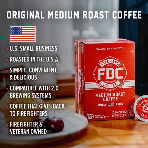 A box of Medium Roast Pods with bullet points that read, ”U.S small business, roasted in the U.S.A, simple, convenient, and delicious, compatible with 2.0 brewing systems, coffee that gives back to firefighters, firefighter and veteran owned”.