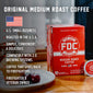 A box of Medium Roast Pods with bullet points that read, ”U.S small business, roasted in the U.S.A, simple, convenient, and delicious, compatible with 2.0 brewing systems, coffee that gives back to firefighters, firefighter and veteran owned”.