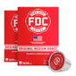 A red box of FDC Fire Department Coffee Original Medium Roast coffee is shown with two single-serve cups in front on a white background.