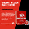 A box of Original Medium Roast Coffee with bold text that reads "Simple and Delicious". A paragraph under reads" Where it all began and continues to be a staple for Fire Department Coffee. Our Original Medium Roast Coffee Pods deliver a balanced and smooth taste in every cp. Your support fuels our mission to give back to sick and injured firefighters". 