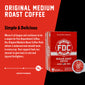 A box of Original Medium Roast Coffee with bold text that reads ”Simple and Delicious”. A paragraph under reads” Where it all began and continues to be a staple for Fire Department Coffee. Our Original Medium Roast Coffee Pods deliver a balanced and smooth taste in every cp. Your support fuels our mission to give back to sick and injured firefighters”. 