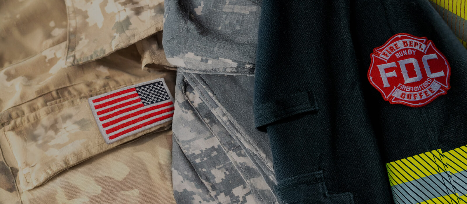 Collection of military and tactical gear with patches including an American flag and FDC logo.
