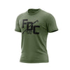 A military green Fire Dept. Coffee T-shirt displayed on a white background, featuring a large black FDC logo with a pike pole graphic through the middle and small ‘Fire Dept. Coffee’ text underneath the logo on the front.