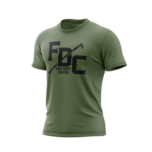 A military green Fire Dept. Coffee T-shirt displayed on a white background, featuring a large black FDC logo with a pike pole graphic through the middle and small ‘Fire Dept. Coffee’ text underneath the logo on the front.