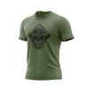 Military Green t-shirt with a black skull design wearing a fire helmet on a white background