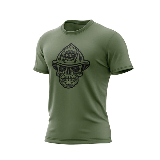 Military Green t-shirt with a black skull design wearing a fire helmet on a white background