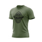 Military Green t-shirt with a black skull design wearing a fire helmet on a white background