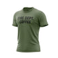 A military green t-shirt with black ’FIRE DEPT. COFFEE’ text on a white background