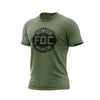 A military green Fire Dept. Coffee T-shirt displayed on a white background, featuring a large black FDC Maltese cross logo on the front