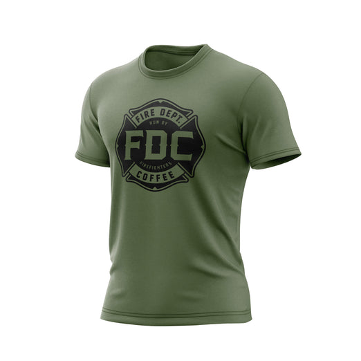 A military green Fire Dept. Coffee T-shirt displayed on a white background, featuring a large black FDC Maltese cross logo on the front