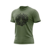 A military green Fire Dept. Coffee T-shirt displayed on a white background, featuring a large black Shellback-inspired graphic with an FDC logo and octopus design on the front