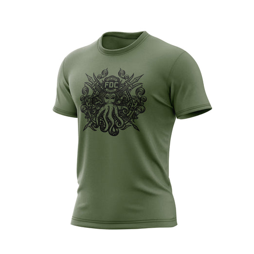 A military green Fire Dept. Coffee T-shirt displayed on a white background, featuring a large black Shellback-inspired graphic with an FDC logo and octopus design on the front