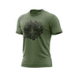 A military green Fire Dept. Coffee T-shirt displayed on a white background, featuring a large black Shellback-inspired graphic with an FDC logo and octopus design on the front