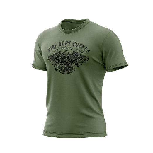 A military green color t-shirt with US eagle graphic and ’Fire Dept. Coffee’ text on a white background.
