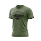 A military green color t-shirt with US eagle graphic and ’Fire Dept. Coffee’ text on a white background.