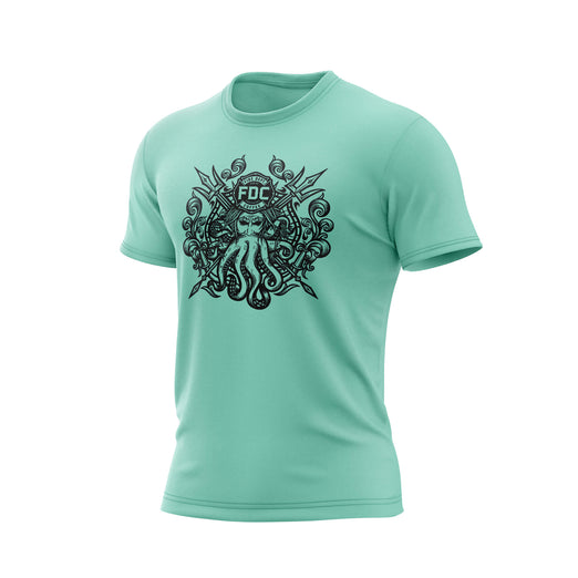 A mint Fire Dept. Coffee T-shirt displayed on a white background, featuring a large black Shellback-inspired graphic with an FDC logo and octopus design on the front