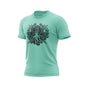 A mint Fire Dept. Coffee T-shirt displayed on a white background, featuring a large black Shellback-inspired graphic with an FDC logo and octopus design on the front