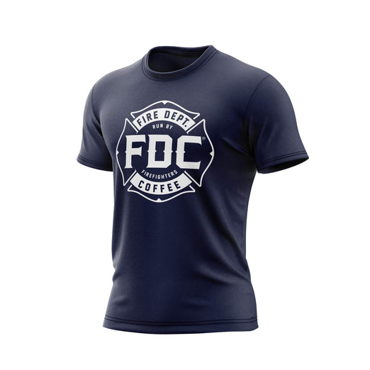 A navy Fire Dept. Coffee T-shirt displayed on a white background, featuring a large white FDC Maltese cross logo on the front