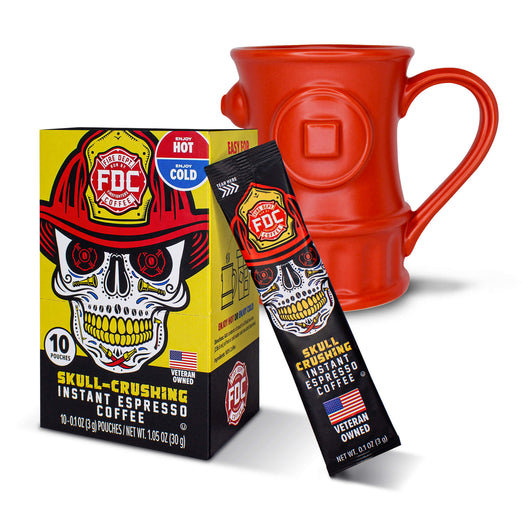 The On The Go Bundle featuring a box of Skull-Crushing Instant Espresso Coffee and a red fire hydrant coffee mug on a white background.