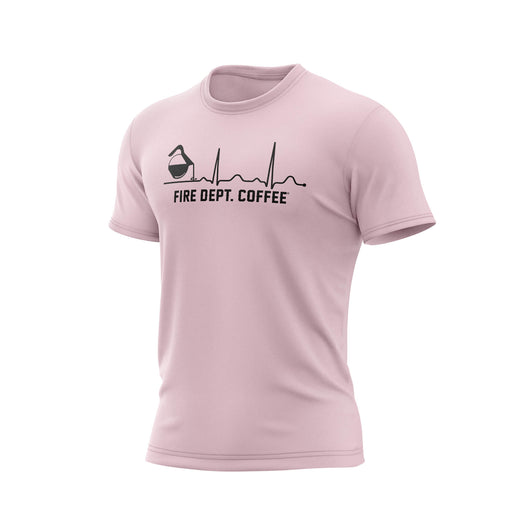 A pink Fire Dept. Coffee EKG T-shirt featuring a black graphic of a coffee pot pouring into a heartbeat line with “Fire Dept. Coffee” text underneath, shown on a plain background.