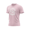 A pink Fire Dept. Coffee T-shirt displayed on a white background, featuring a large white FDC Maltese cross logo on the front