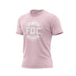A pink Fire Dept. Coffee T-shirt displayed on a white background, featuring a large white FDC Maltese cross logo on the front