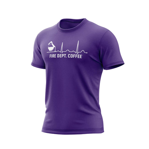 A purple Fire Dept. Coffee EKG T-shirt featuring a white graphic of a coffee pot pouring into a heartbeat line with “Fire Dept. Coffee” text underneath, shown on a plain background.