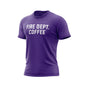 A purple t-shirt with white ’FIRE DEPT. COFFEE’ text on a white background