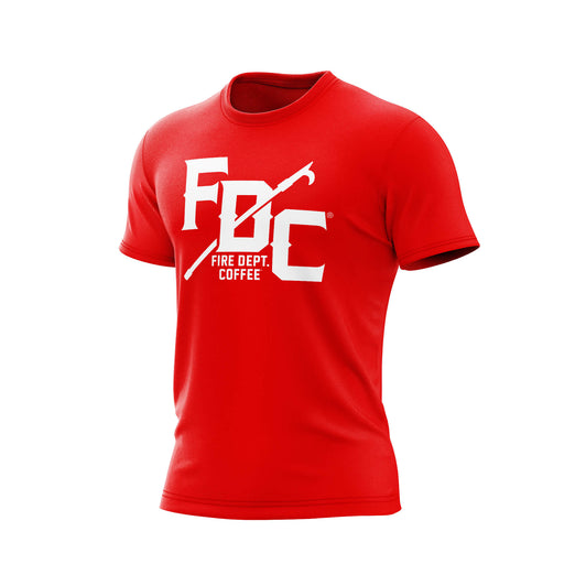 A red Fire Dept. Coffee T-shirt displayed on a white background, featuring a large white FDC logo with a pike pole graphic through the middle and small ‘Fire Dept. Coffee’ text underneath the logo on the front.