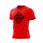 Red t-shirt with a black skull design wearing a fire helmet on a white background