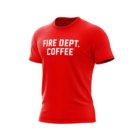 A red t-shirt with white ’FIRE DEPT. COFFEE’ text on a white background