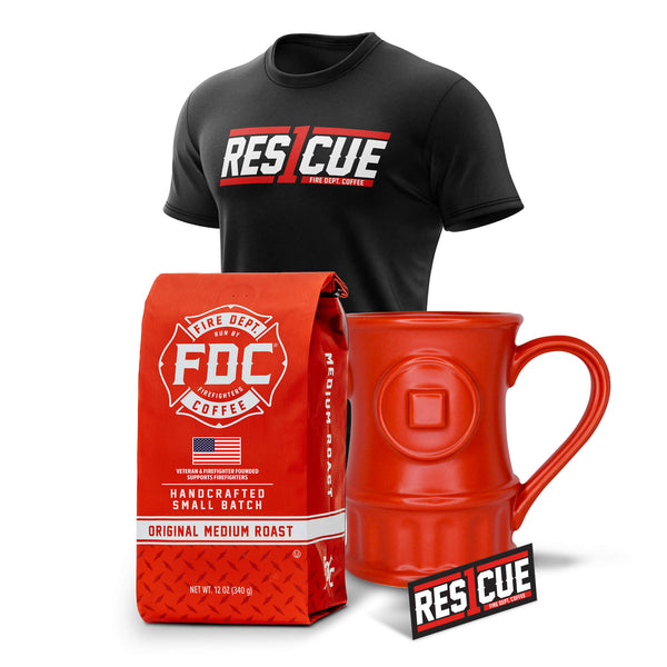 A collection of products in the Rescue 1 Bundle that show the black Rescue 1 shirt, a bag of medium roast coffee, a red fire hydrant coffee mug and a Rescue 1 sticker.