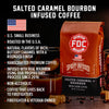 A Salted Caramel Bourbon Infused Coffee bag with bullet points that read, "U.S small business, roasted in the U.S.A, natural flavor of rich, buttery caramel with a rounded finish, handcrafted premium coffee, infused with real bourbon using our proprietary process since 2016, non-alcoholic, coffee that gives back to firefighters, firefighter and veteran owned",