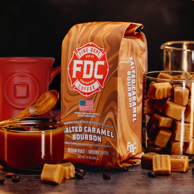 Fire Dept. Coffee Salted Caramel Bourbon coffee package on a white background