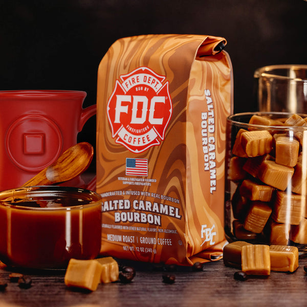 Fire Dept. Coffee Salted Caramel Bourbon coffee package on a white background