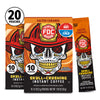 Three boxes of FDC Skully-Crushing Instant Coffee in Salted Caramel flavor, with one box shown open to reveal a single sachet. The packaging features a bold skull graphic wearing a firefighter helmet, with a black, orange, white, and red design.