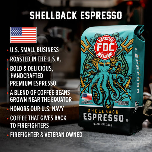 A bag of Shellback Espresso with bullet points that read, ”U.S small business, roasted in the U.S.A, bold and delicious, handcrafted premium espresso, a blend of coffee beans grown near the equator, honors our U.S Navy, Coffee that gives back to firefighters, firefighter and veteran owned”. 