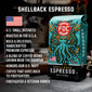 A bag of Shellback Espresso with bullet points that read, ”U.S small business, roasted in the U.S.A, bold and delicious, handcrafted premium espresso, a blend of coffee beans grown near the equator, honors our U.S Navy, Coffee that gives back to firefighters, firefighter and veteran owned”. 