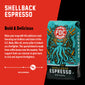 A bag of Shellback Espresso with bold text that reads, ”Bold and Delicious”, A paragraph under reads, ”Raise your mug with this delicious roast honoring our brothers and sisters in the U.S Navy. After all, every sailor is trained as a firefighter. This special blend is made from coffee beans near the equator. Your support fuels our mission to give back to sick and injured firefighters.” 