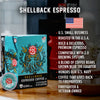 A box of Shellback Espresso Pods. Bullet points read, "U.S small business, roasted in the U.S.A, bold and delicious premium espresso, compatible with 2.0 brewing systems, a blend of coffee beans grown near the equator, Honors our U.S Navy, coffee that gives back to firefighters, firefighters and veteran owned".