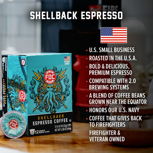 A box of Shellback Espresso Pods. Bullet points read, ”U.S small business, roasted in the U.S.A, bold and delicious premium espresso, compatible with 2.0 brewing systems, a blend of coffee beans grown near the equator, Honors our U.S Navy, coffee that gives back to firefighters, firefighters and veteran owned”.