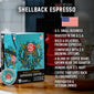 A box of Shellback Espresso Pods. Bullet points read, ”U.S small business, roasted in the U.S.A, bold and delicious premium espresso, compatible with 2.0 brewing systems, a blend of coffee beans grown near the equator, Honors our U.S Navy, coffee that gives back to firefighters, firefighters and veteran owned”.