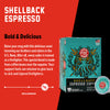 A box of Shellback Espresso Pods with bold text that reads "Bold and Delicious". Paragraph under reads "Raise your mug with this delicious roast honoring our brothers and sister in the U.S Navy. After all, every sailor is trained as a firefighter. This special blend s made from coffee beans near the equator. Your support fuels our mission to give back to sick and injured firefighters."